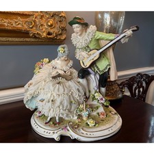 Large Antique German Unterweissbach Dresden Lace Figurine Lady and Man 12