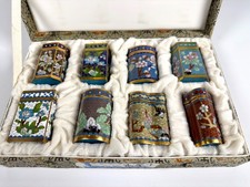 Vintage Chinese Cloisonné Small Canister Jar Set - 8 canisters w/ Original Box picture