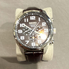 Seiko Chronograph Solar Men's Quartz Watch Black Dial Brown Leather Strap 43mm picture