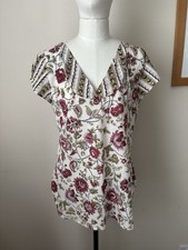 ANOKHI Floral Cotton Hand Painted Tunic Top Capped Sleeve L Reds Boho picture