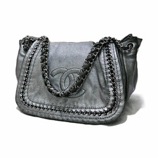 CHANEL Metallic Gray Leather Shoulder Bag Silver Hardware Chain Strap Magnetic picture