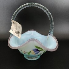 Fenton Aurora Basket Aquamarine Glass Lavender Edge Stretch Hand Painted picture