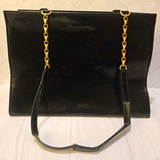 CELINE Vintage Black Shoulder Bag Zip Top Gold Chain Hardware Red Lining picture