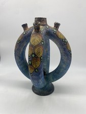 Antique 1930 Czechoslovakian Czech Multi Bud Gourd Ring Pottery Vase Large FBS picture