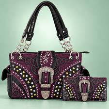 Women’s Purple Western Buckle Purse & Wallet Set Studded Vegan PU Leather Handba picture