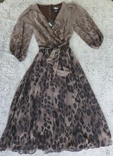 Womens DKNY balloon sleeve faux wrap midi brown ombre animal print dress Sz 2 picture