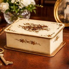 Vintage French Hand Painted Pressed Metal Trinket Jewelry Desk Box picture
