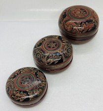 Rare 1970s Japanese Lacquered Trinket Box Triple Stack Peacock Folk Ornate 36 picture