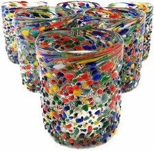 Hand Blown Mexican Drinking Glasses – Set of 6 Confetti Rock Tumbler Glasses... picture