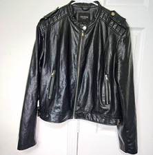GUESS Women’s Black Leather Biker Jacket Zip Front Pockets Long Sleeve Short 2XL picture
