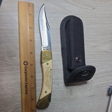 Vintage 1990 Limited Schrade USA Scrimshaw Folding Hunter Lockback Knife Racoons picture