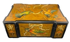 Vintage Chinoiserie Hand Painted Wooden Box Parrot Birds Floral Gold Leaf 14” picture