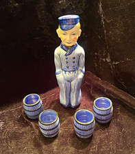 Vintage HERFORD Figural Decanter Bottle 4 Barrel Cups Blue Ceramic 5 Pc Set picture