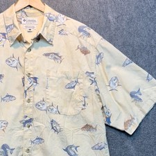 Columbia Sportswear Mens Large Tan Cotton Fish Print Short Sleeve Button Shirt picture
