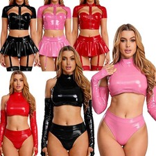 Womens Glossy PU Leather  Crop Top and High Waist with Buckle Briefs Clubwear  picture