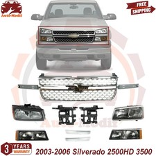 New HeadLights Kit + Grille Assembly + Bracket For 2003-06 Silverado 2500HD 3500 picture