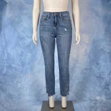 FRAME Le Boy Slim Straight Jeans Blue Distressed Zip Split Step Hem Size 28 picture