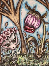 GARDEN BEASTS Original 9x12 Pastel Painting Art Signed Artist KSams Fantasy picture