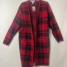 Studio by D&Co Womens 1X Red Black Buffalo Plaid Longline Cardigan Sweater NWT picture