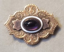 C1880-1900 Victorian Watch Pin? Brooch Gold Filled ? Cabochon Amethyst W Enamel picture