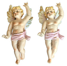 VTG Pair Porcelain Cherub Putti Angel Figurines 7in Wall Hanging Stamped 11/90 picture