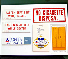 Vintage Delta Airlines MD-90 Promo Luggage Tag + Aircraft Cabin Placards 1990s picture