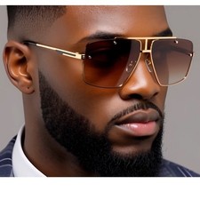 Men's Oversized Square Rimless Sunglasses Gold Double Bridge Gradient Brown Lens picture