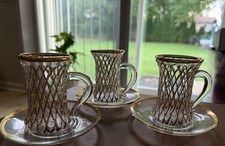 Vtg Turkish Tea Set - 3 Glasses & 3 Saucers Pasabahce Gold Silver Tone Rimmed picture