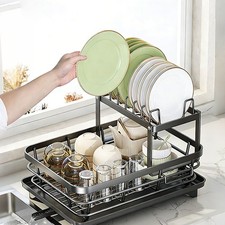 2 Tier Over The Sink Dish Drying Rack Stainless Steel Kitchen Dish Drainer Black picture