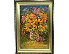 Impasto Sunflowers Bouquet Painting Framed 4x6 Signed Floral Wall Decor Art Gift picture