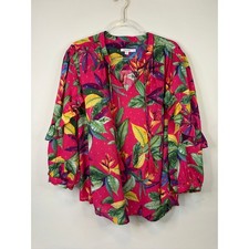 Chico's Pink Floral Print Ruffle 3/4 Sleeve Blouse Size 3 US 16 Tassel Botanical picture