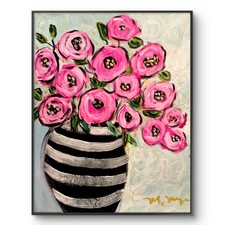 Mary Myers Original Abstract Expressionism 11x14 Pink Roses Striped Vase Signed picture