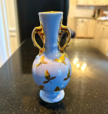 Vintage Le Pere Pottery Z-8-2 Bud Vase Periwinkle Blue Gold Leaf Trim 1940s MCM picture