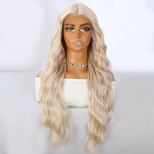 Long Wavy Golden Wavy Highlights Blonde Silk Lace Front Bday wig Curls 28 Inch picture