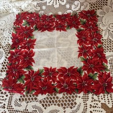 ANTIQUE 1940’s VINTAGE RED POINSETTIA FLOWER FINE LINEN HANDKERCHIEF COLLECTIBLE picture