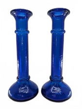 Vintage Cobalt Blue Glass Candlestick Bud Vase Pair Spanish Style Recycled picture