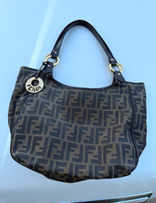 Fendi Zucca Brown Shoulder Bag Zip Closure Logo Charm Gold Hardware Beige picture
