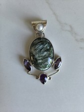 Vintage Sterling Silver 925 Seraphinite Amethyst Pearl Statement Pendant 17.16g picture