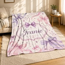 Jeanie With Bows Coral Fleece Blanket Personalized Cute Name Decor picture