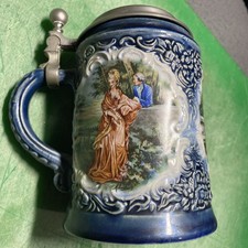 Vintage Marzi & Remy German Stein Pewter Lid Stoneware Blue Floral Scrolls picture