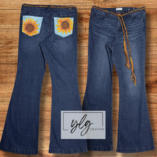 Sofia Jeans Hand Painted Yellow Sunflower Boho Bell Bottom Flare Braided Belt 14 picture