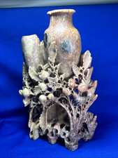 Vintage Chinese Carved Soapstone Double Vase Birds Flowers Openwork 9.25