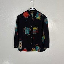 Harari Blouse Womens Small Black Lantern Print Silk Button 3/4 Sleeve Top picture