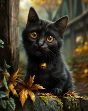 Golden-Eyed Black Kitten Sitting on Mossy Forest Rock Print - 31396512 picture