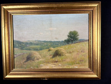 Signed JOHN WILLARD RAUGHT Listed Scranton PA Artist OIL PAINTING of HAYSTACKS picture