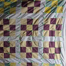 Handmade Patchwork Quilt Top Multicolor Purple Yellow Green Squares Tie Accents picture
