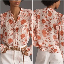 Anthropologie Maeve Red Floral Lace-Up Ruffled Sheer Blouse Top Small picture