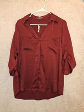 Express Women's Burgundy Button Up Blouse Roll Tab Sleeve Collared NWT L picture