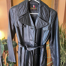 American Vintage Women’s Black Leather Trench Coat Long Belted Pockets Size S picture