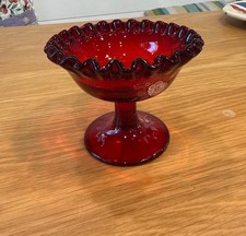 Fenton Vintage Red Glass Compote Dish with Ruffled Edge and Floral Etching picture